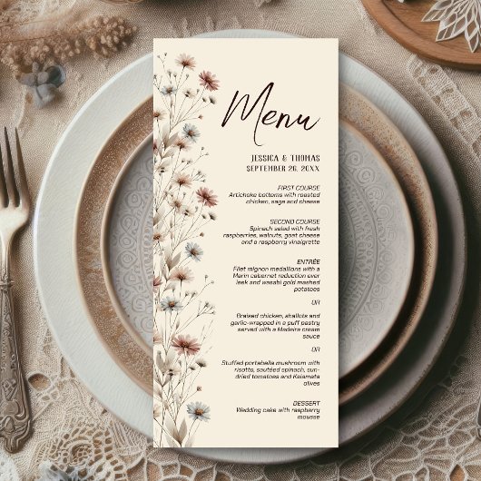Rustieke Boho Chic Wildflowers Elegante bruiloft Menu