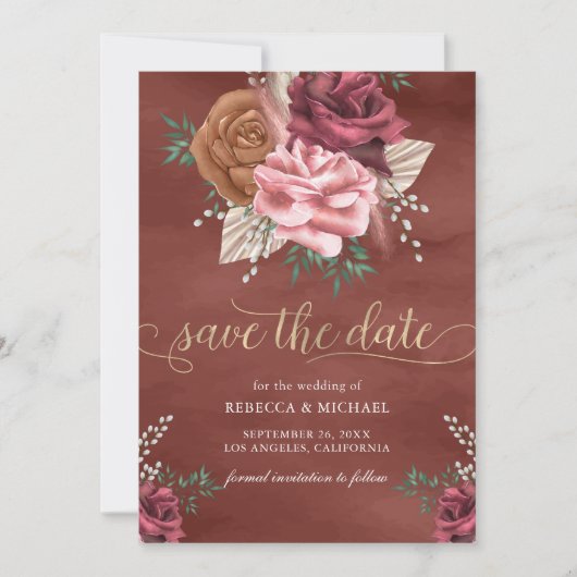 Rustieke Boho Cinnamon Roos Bloemen Huwelijk Save The Date (Voorkant)