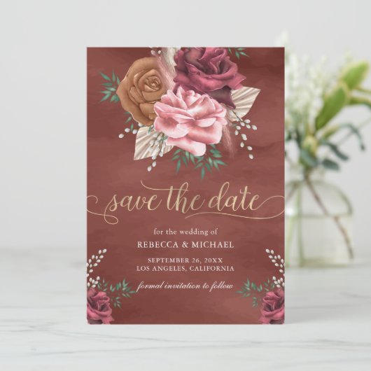 Rustieke Boho Cinnamon Roos Bloemen Huwelijk Save The Date (Staand voorkant)