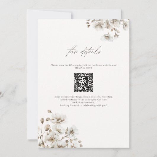 Rustieke Boho Cream Floral QR Code Bruiloft Kaart (Achterkant)