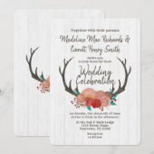 Rustieke Boho Deer Antler Bloemen Huwelijksuitnodi Kaart (Voorkant / Achterkant)
