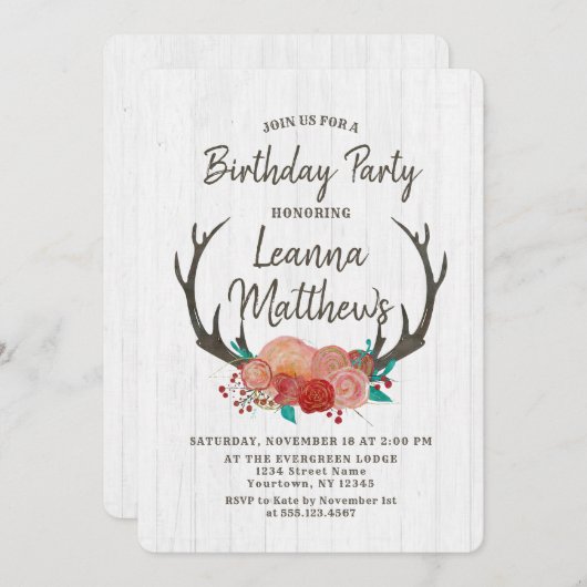 Rustieke Boho Deer Antlers verjaardagsfeestje uitn Kaart (Voorkant / Achterkant)
