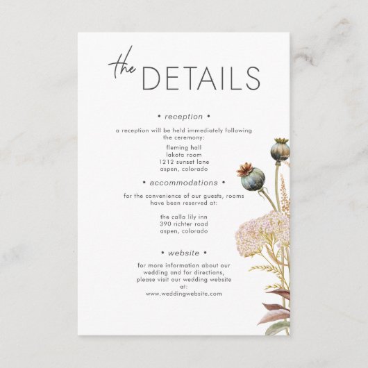 Rustieke Boho Delicate Herfst Wildflower Wedding Informatiekaartje (Voorkant)