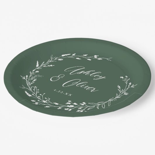 Rustieke Boho Donkergroene Wildflower Bloemen Huwe Papieren Bordje (Gekanteld)