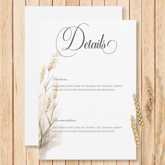Rustieke Boho Dried Tan Grass bruiloft details Informatiekaartje
