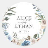 Rustieke Boho Dusty Blue Bloemen Bruiloft Ronde Sticker (Voorkant)
