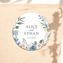 Rustieke Boho Dusty Blue Bloemen Bruiloft Ronde Sticker