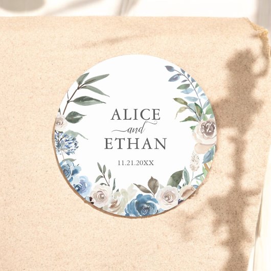 Rustieke Boho Dusty Blue Bloemen Bruiloft Ronde Sticker