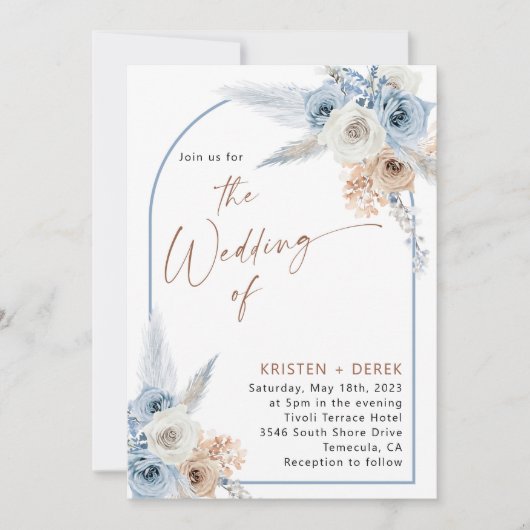 Rustieke Boho Dusty Blue Floral Arch Bruiloft Kaart (Voorkant)