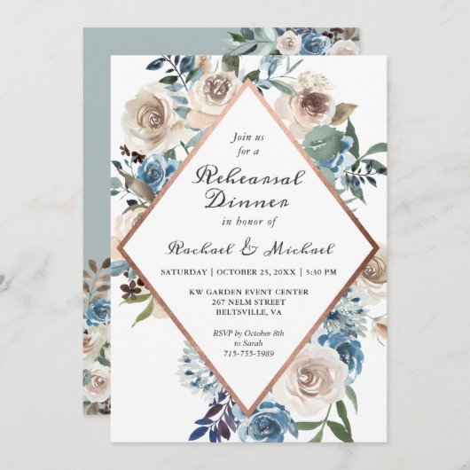 Rustieke Boho Dusty Blue Floral repetitie diner Kaart (Voorkant / Achterkant)