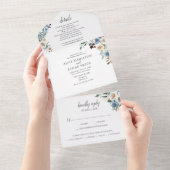 Rustieke Boho Dusty Blue Flowers Script bruiloft All In One Uitnodiging (Afscheurbaar)