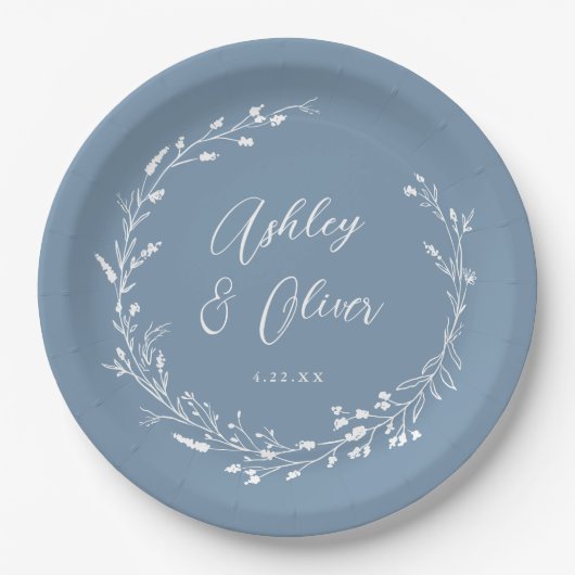 Rustieke Boho Dusty Blue Wildflower Bloemen Bruilo Papieren Bordje (Voorkant)