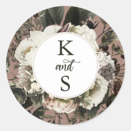Rustieke Boho Dusty Roze Bloemen Bruiloft Monogram Ronde Sticker