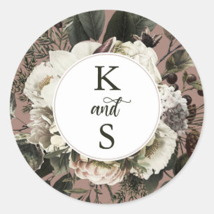 Rustieke Boho Dusty Roze Bloemen Bruiloft Monogram Ronde Sticker