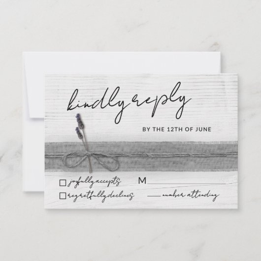 Rustieke Boho Eco Faux Burlap Hout Lavendel Weddin RSVP Kaartje (Voorkant)