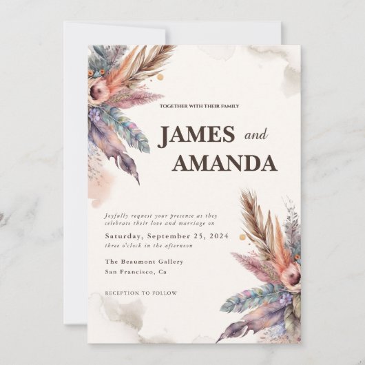 Rustieke Boho Feather bruiloft uitnodiging (Voorkant)