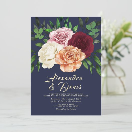 Rustieke Boho Floral Bourgondië en Navy Blue Bruil Kaart (Staand voorkant)