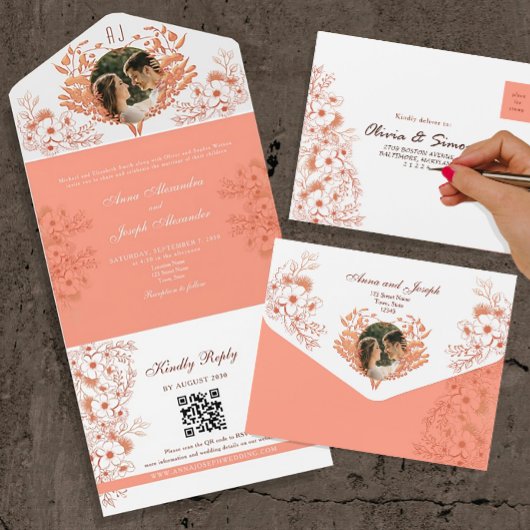 Rustieke Boho Floral Coral Wedding All In One Uitnodiging