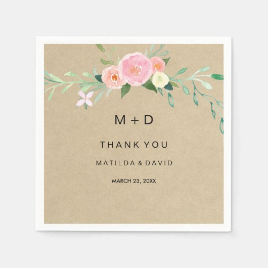 Rustieke Boho Floral Dank u bruiloft servet (Voorkant)