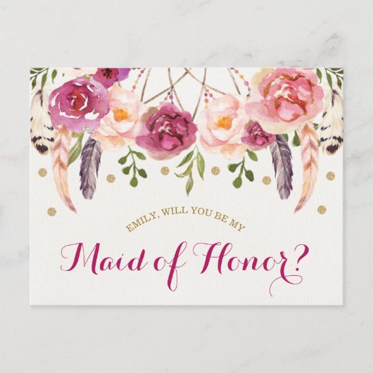 Rustieke Boho Floral Dreamcatcher Maid of Honor Ka Briefkaart (Voorkant)