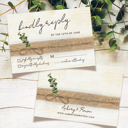 Rustieke Boho Floral Eco Hout Eucalyptus Wedding RSVP Kaartje