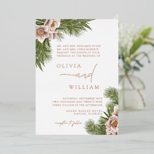 Rustieke Boho Floral Kerstvakantie bruiloft Folie Uitnodiging (Staand Voorkant)