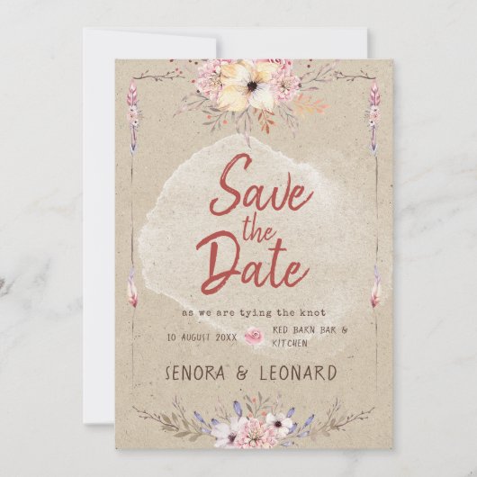 Rustieke Boho Floral Kraft bruiloft Save The Date (Voorkant)