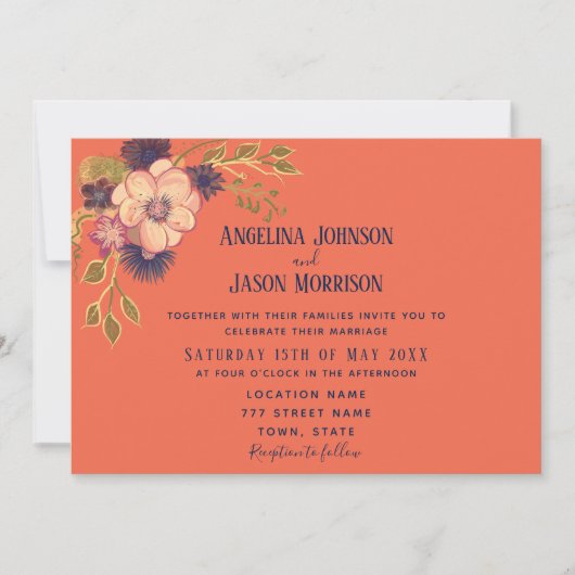 Rustieke Boho Floral Navy en Coral Wedding Kaart (Voorkant)