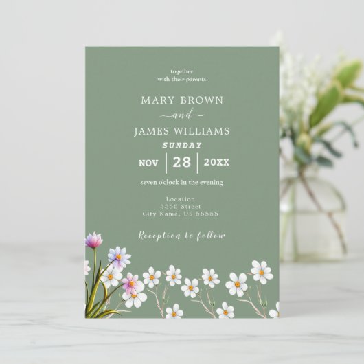 Rustieke Boho Floral Sage Groen & Wit Bruiloft Kaart (Staand voorkant)