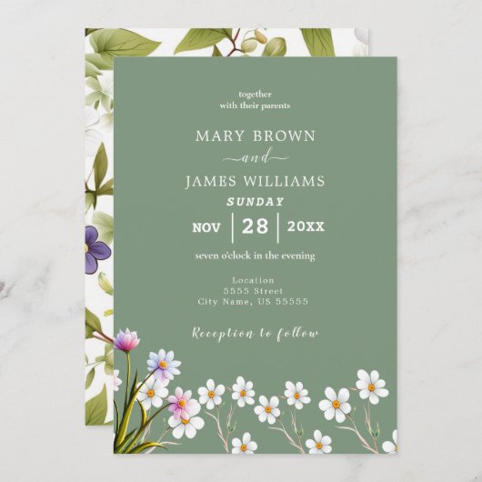 Rustieke Boho Floral Sage Groen & Wit Bruiloft Kaart (Voorkant / Achterkant)