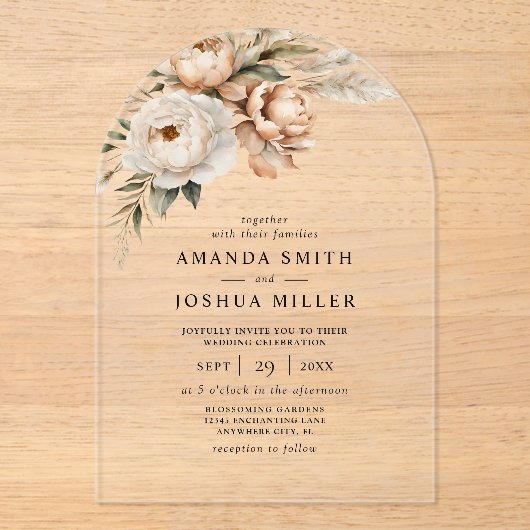 Rustieke Boho Gedroogde Bloemen & Pampas Grass Wed Acryl Uitnodigingen (Voorkant)