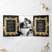 Rustieke Boho Gedroogde Palm Fotocollage Zwart Bru Drieluik Uitnodiging (Binnen)