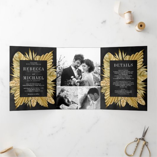 Rustieke Boho Gedroogde Palm Fotocollage Zwart Bru Drieluik Uitnodiging (Binnen)