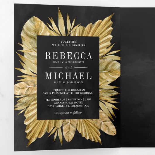 Rustieke Boho Gedroogde Palm Fotocollage Zwart Bru Drieluik Uitnodiging (Binnenzijde eerst)
