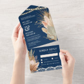 Rustieke Boho Gedroogde Palm Pampas Marineblauwe T All In One Uitnodiging (Afscheurbaar)