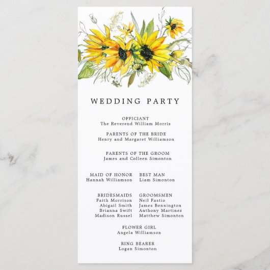 Rustieke Boho Gele Zonnebloemen Bloemen Huwelijk Programmakaart (Achterkant)