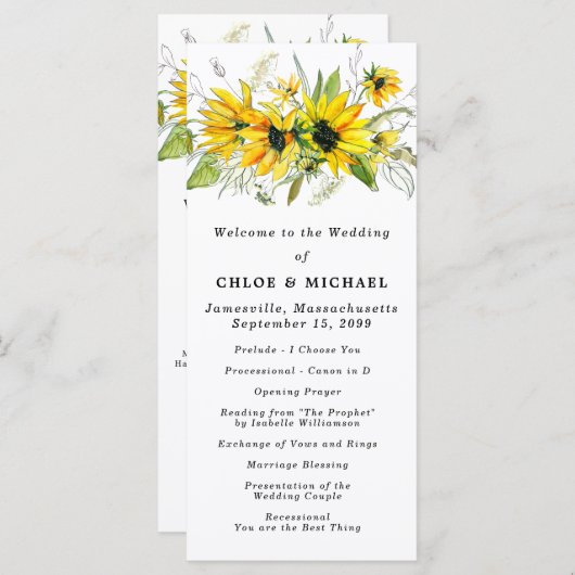 Rustieke Boho Gele Zonnebloemen Bloemen Huwelijk Programmakaart (Voorkant / Achterkant)
