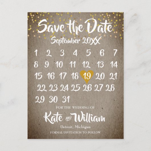 Rustieke Boho Gold Love Heart Kalender Save the Da Aankondigingskaart (Voorkant)