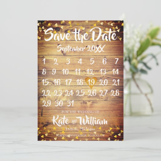 Rustieke Boho Gold Love Heart Kalender Save the Da Date (Staand voorkant)