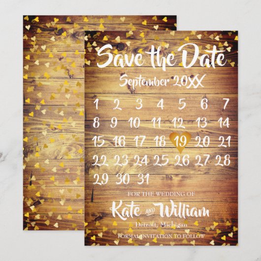 Rustieke Boho Gold Love Heart Kalender Save the Da Date (Voorkant / Achterkant)