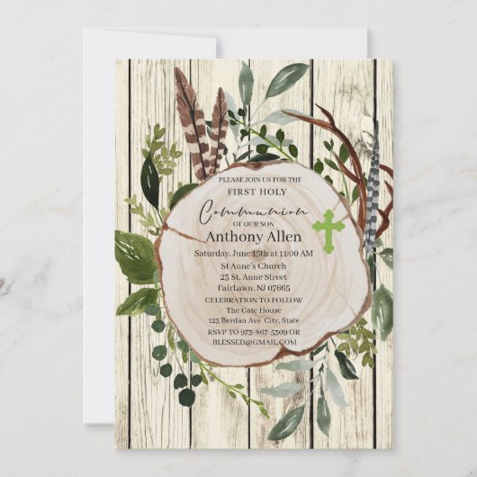 Rustieke Boho Greenery Eerste Heilige Communie Kaart (Voorkant)