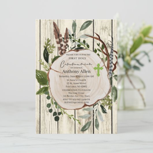 Rustieke Boho Greenery Eerste Heilige Communie Kaart (Staand voorkant)