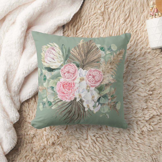 Rustieke Boho Groene Roze Bloemstuk Pampas Groen Kussen (Deken)