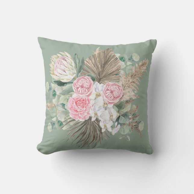 Rustieke Boho Groene Roze Bloemstuk Pampas Groenbl Buitenkussen (Voorkant)