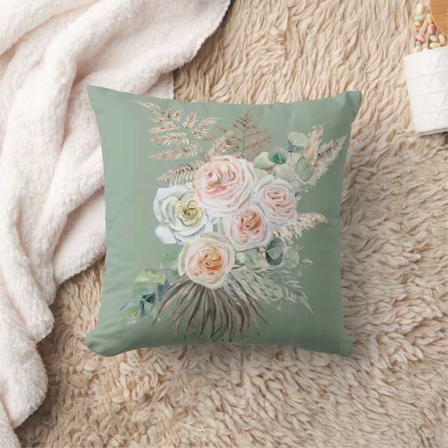 Rustieke Boho Groenroze Bloemstuk Pampas Kussen (Deken)