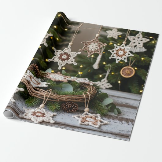 Rustieke Boho Haaksneeuwvlok Kerstmis Cadeaupapier (Uitgerold)