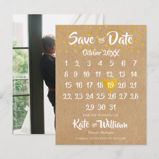 Rustieke Boho Hart Kalender Foto Save the Date Aankondigingskaart (Voorkant / Achterkant)