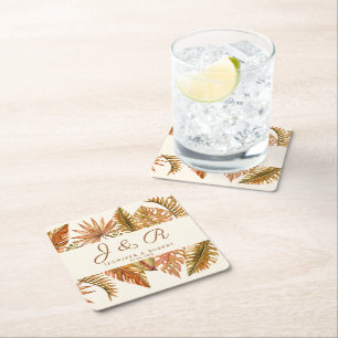 Rustieke Boho Herfst Bladerdak Monogram Huwelijk Kartonnen Onderzetters