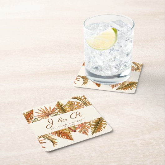 Rustieke Boho Herfst Bladerdak Monogram Huwelijk Kartonnen Onderzetters (Insitu)