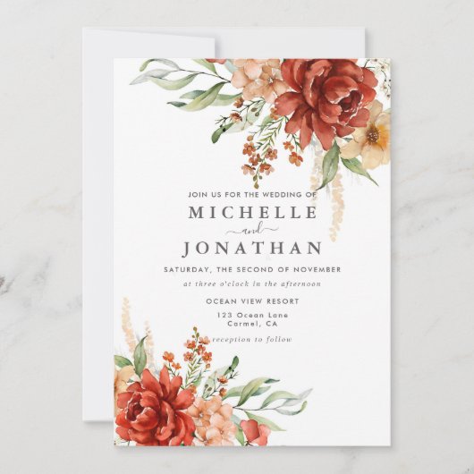 Rustieke Boho Herfst Bloemen Bruiloft Uitnodiging (Voorkant)